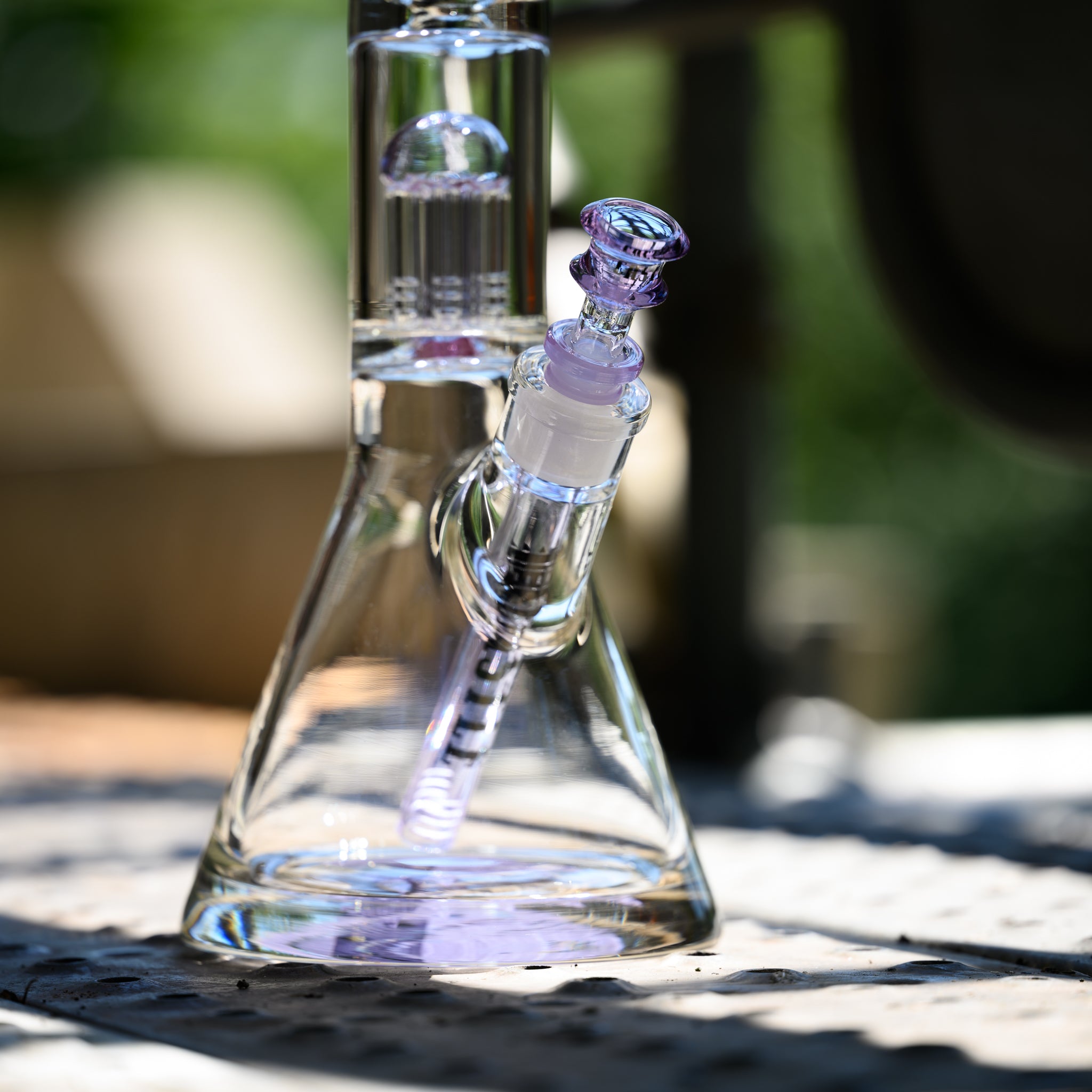 A glass bong with a purple bowl and downstem and percolator inside, placed on a metal surface. The sunlight highlights the details of the bong, casting shadows and reflections. The background is blurred, suggesting an outdoor setting with green foliage.