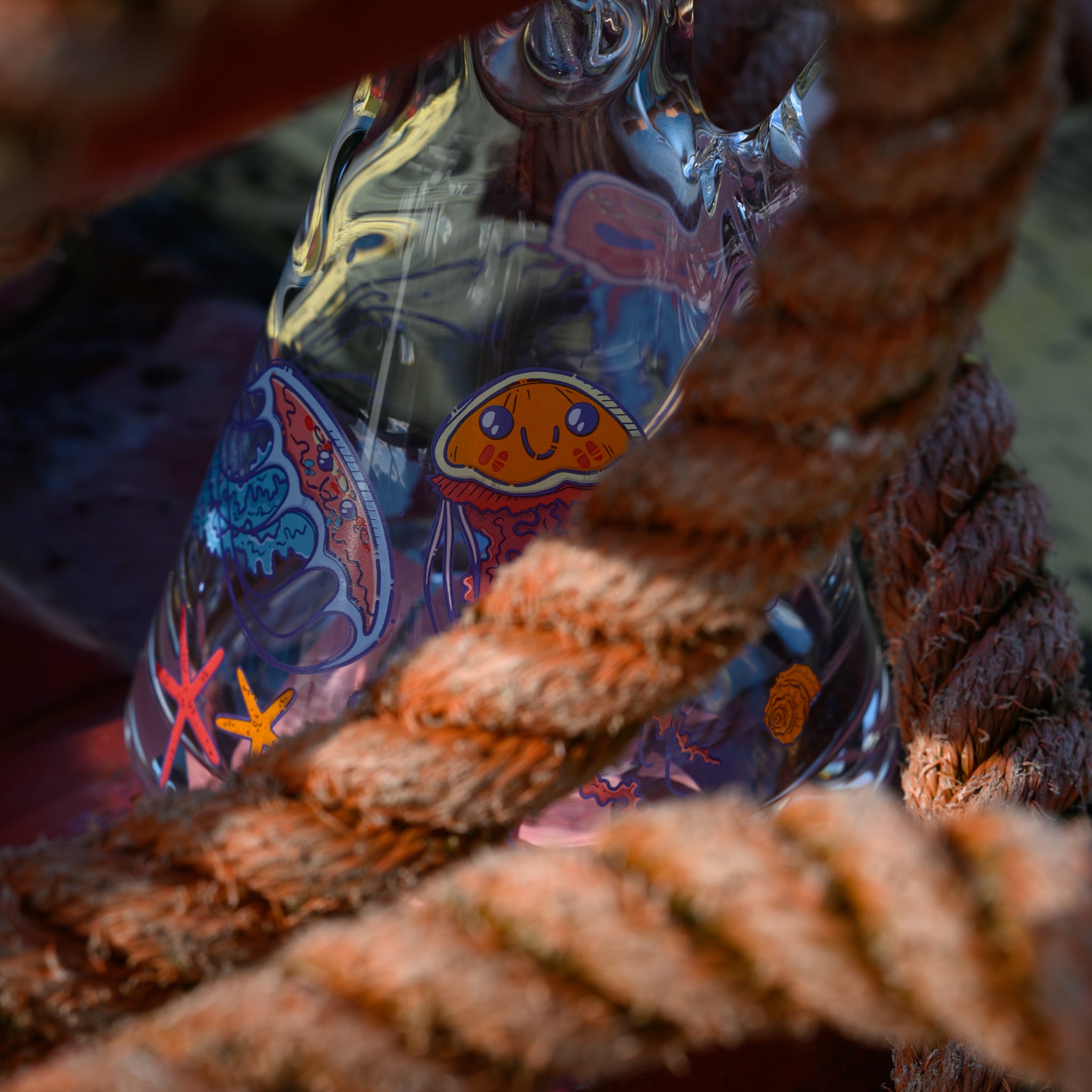 A close-up of a uniquely designed glass bong featuring a whimsical underwater-themed illustration on its base. The artwork includes a cheerful, smiling and vibrant jellyfish, starfish, and seashells in a playful, colorful style. The image is framed by thick, weathered ropes, adding a nautical touch and contrasting with the smooth, transparent glass. Sunlight casts natural reflections on the piece, emphasizing its intricate details and craftsmanship in a maritime-inspired setting.