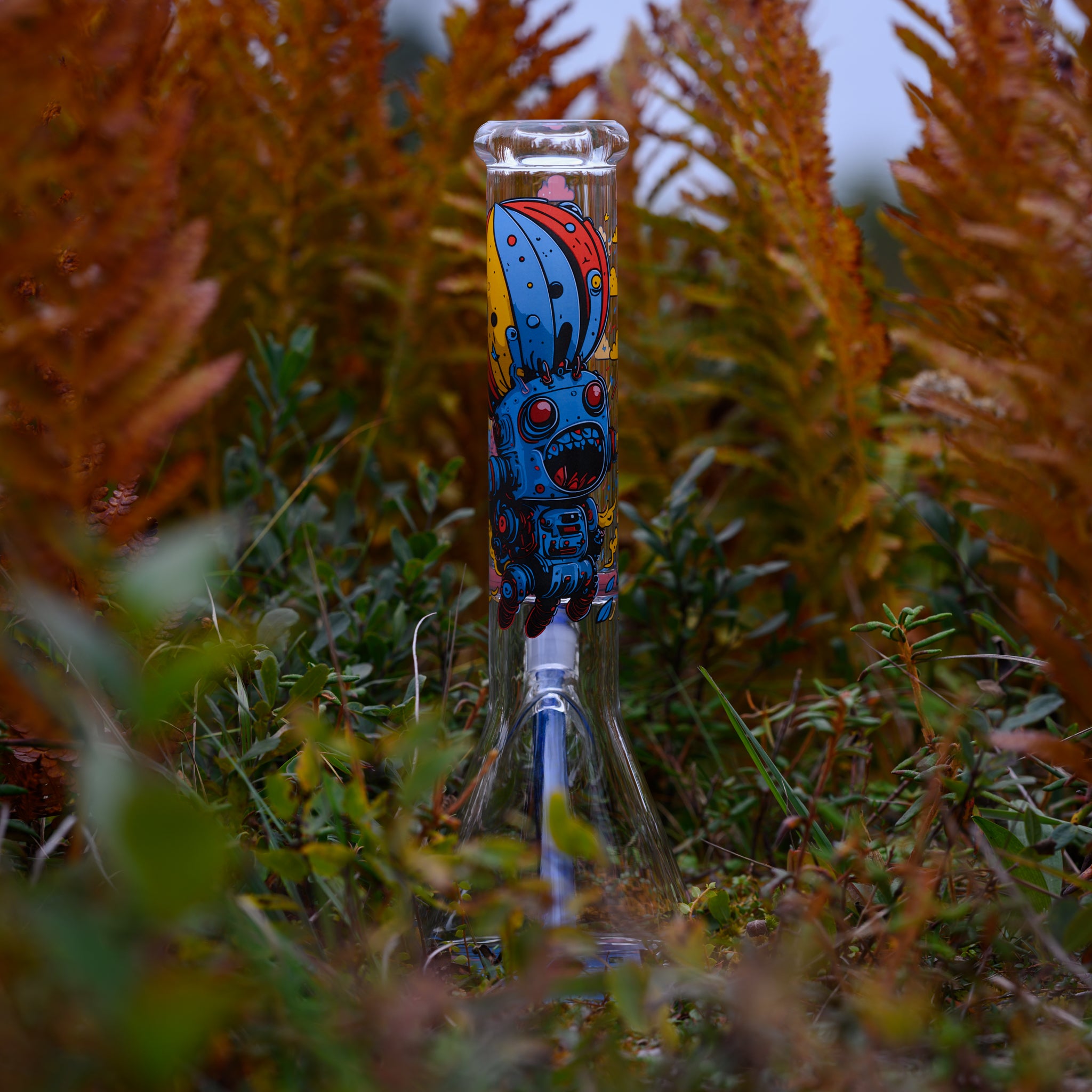 A striking glass bong featuring a vibrant, futuristic design stands amidst lush green and golden ferns. The artwork on the neck showcases a robotic, cyberpunk-style rabbit with glowing red eyes and intricate mechanical details, set against a fiery orange backdrop. The clear beaker base blends seamlessly with the surrounding foliage, while the dark blue downstem adds a contrasting pop of color. The natural setting enhances the bold, artistic aesthetic, creating a unique fusion of sci-fi and organic elements.