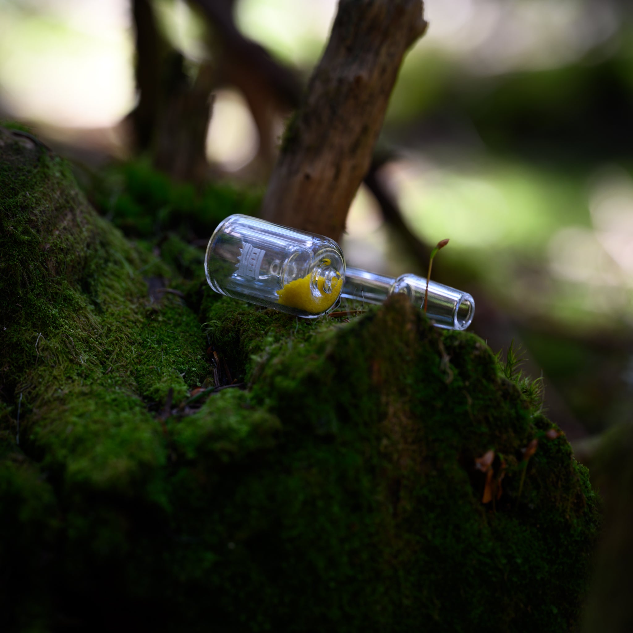 A clear glass banger, etched with the “CASTLE” logo, sits on a plush moss-covered stump in a softly lit forest, showcasing a bright yellow silicate sand nestled inside.
