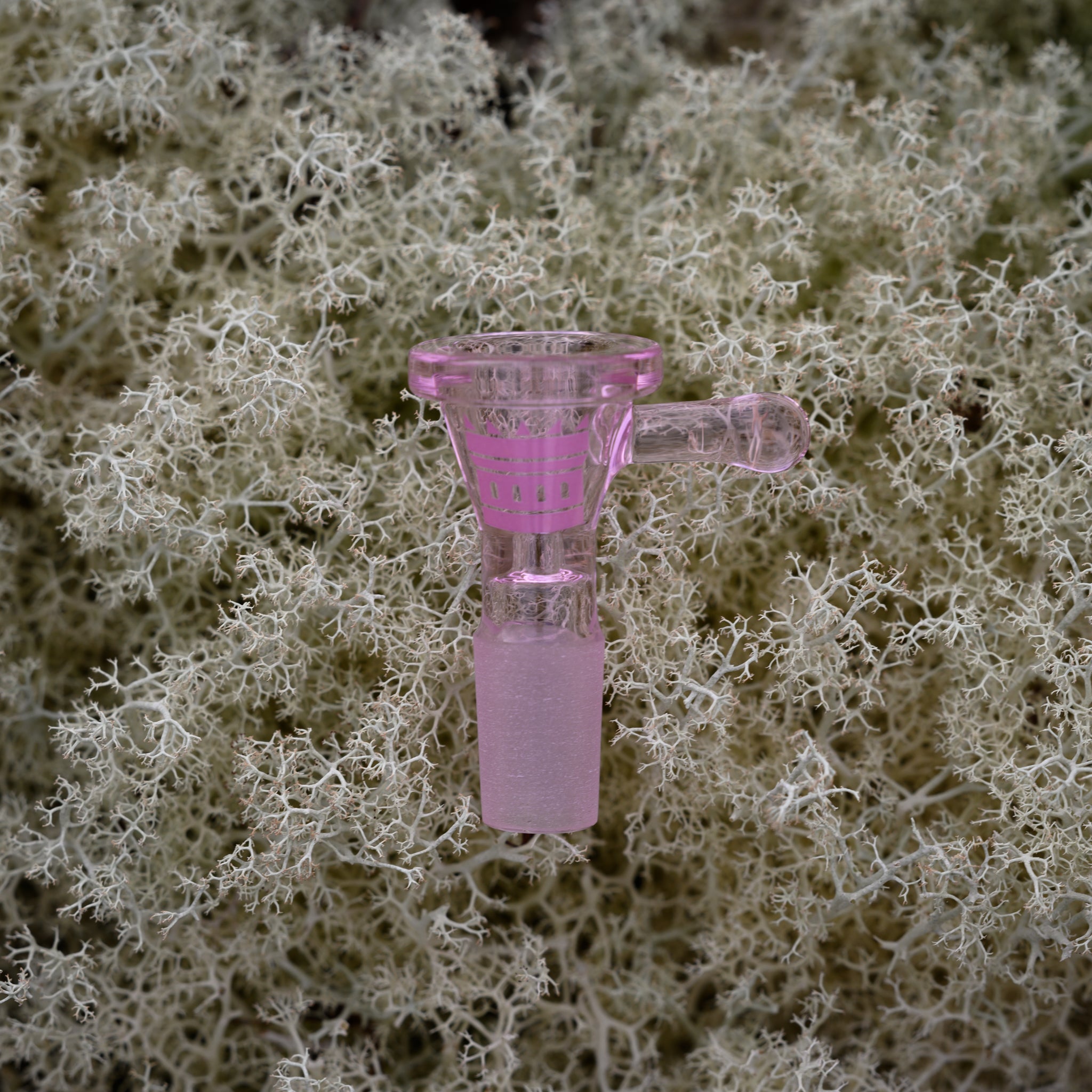 A delicate pink glass bowl rests atop a bed of soft, intricate white moss. The bowl's translucent design features a frosted joint and a subtle built-in handle for easy removal. Its soft pink hue contrasts beautifully with the organic, lacy texture of the moss, creating an ethereal and natural aesthetic. The image highlights both the craftsmanship of the glassware and the serene, organic setting, blending elegance with nature’s beauty.