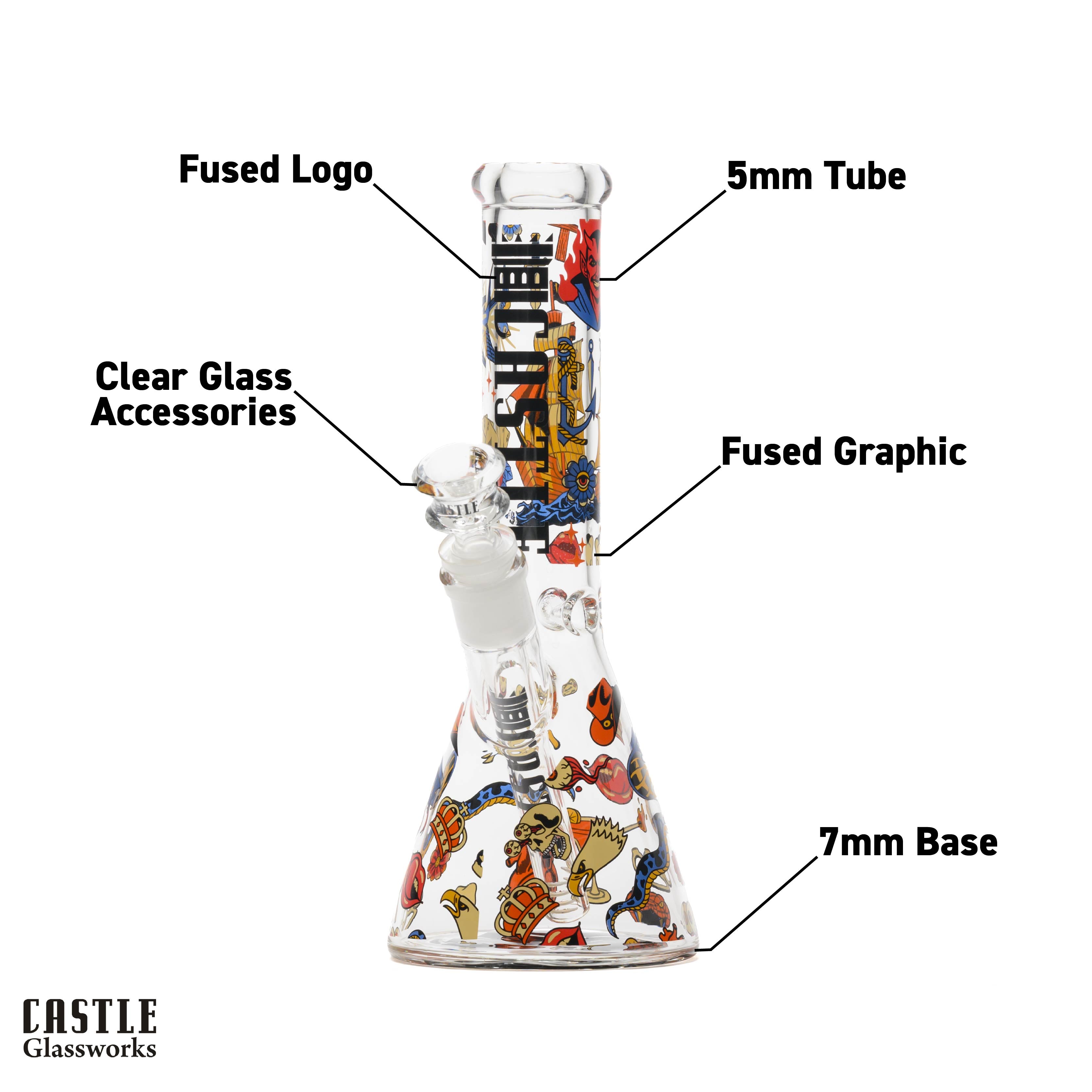 10" Tattoo Beaker Bong - 5mm Thick Glass
